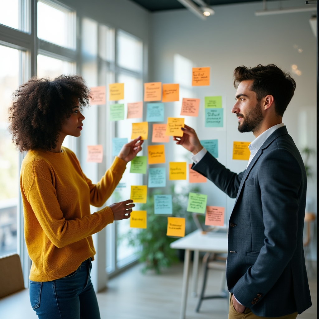 Two consultants arranging colored sticky notes representing content topics on a glass wall
