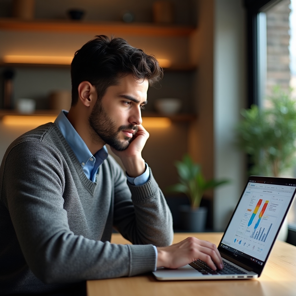 Consultant sitting at a wooden desk reviewing a laptop screen showing a website audit dashboard