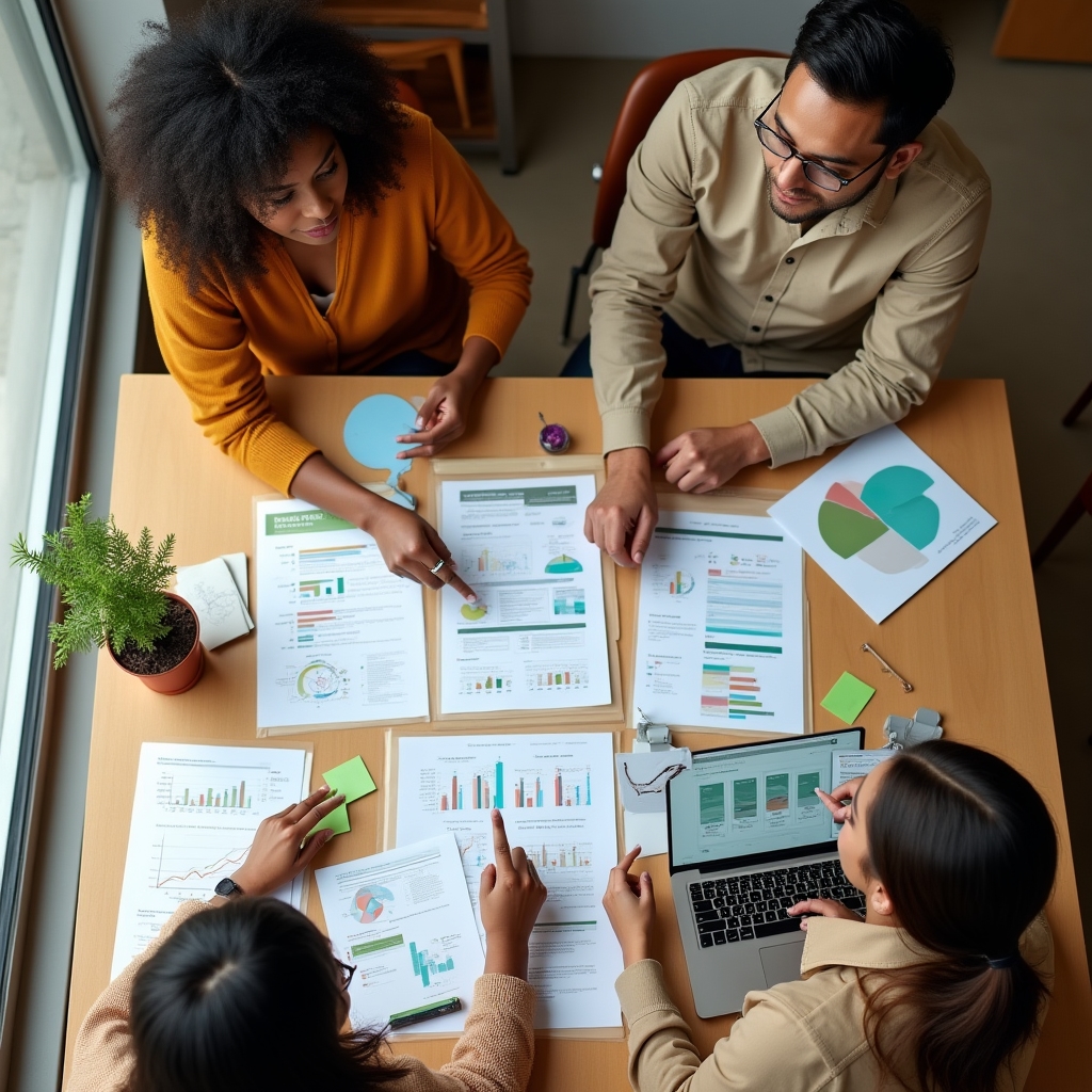 Overhead view of a small SEO consulting team reviewing website audit printouts and laptops on a wooden table