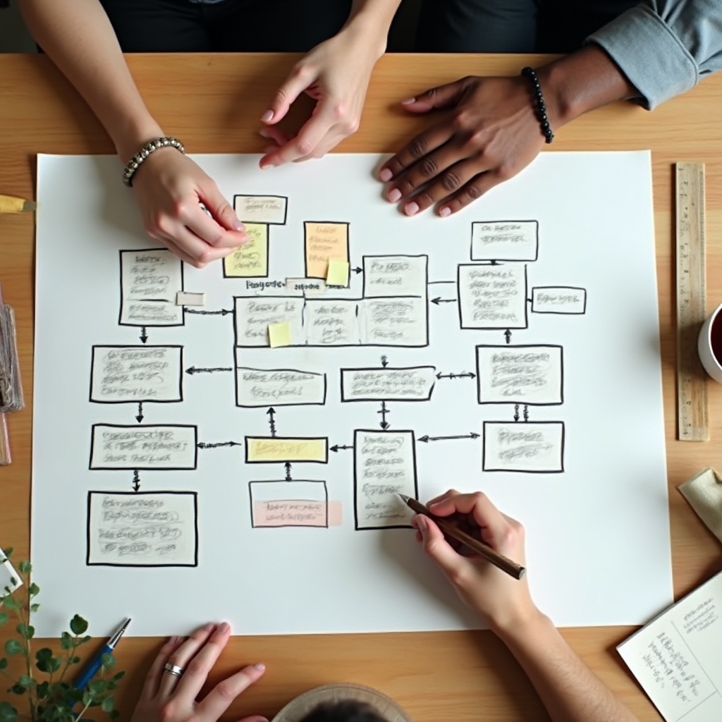 Overhead view of a site architecture diagram with connected page boxes drawn on paper during a workshop