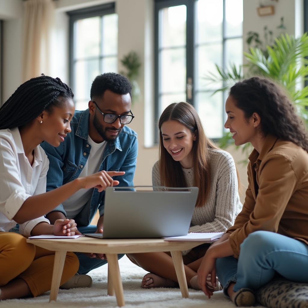 Small startup team gathered around a laptop discussing website strategy in a bright open office
