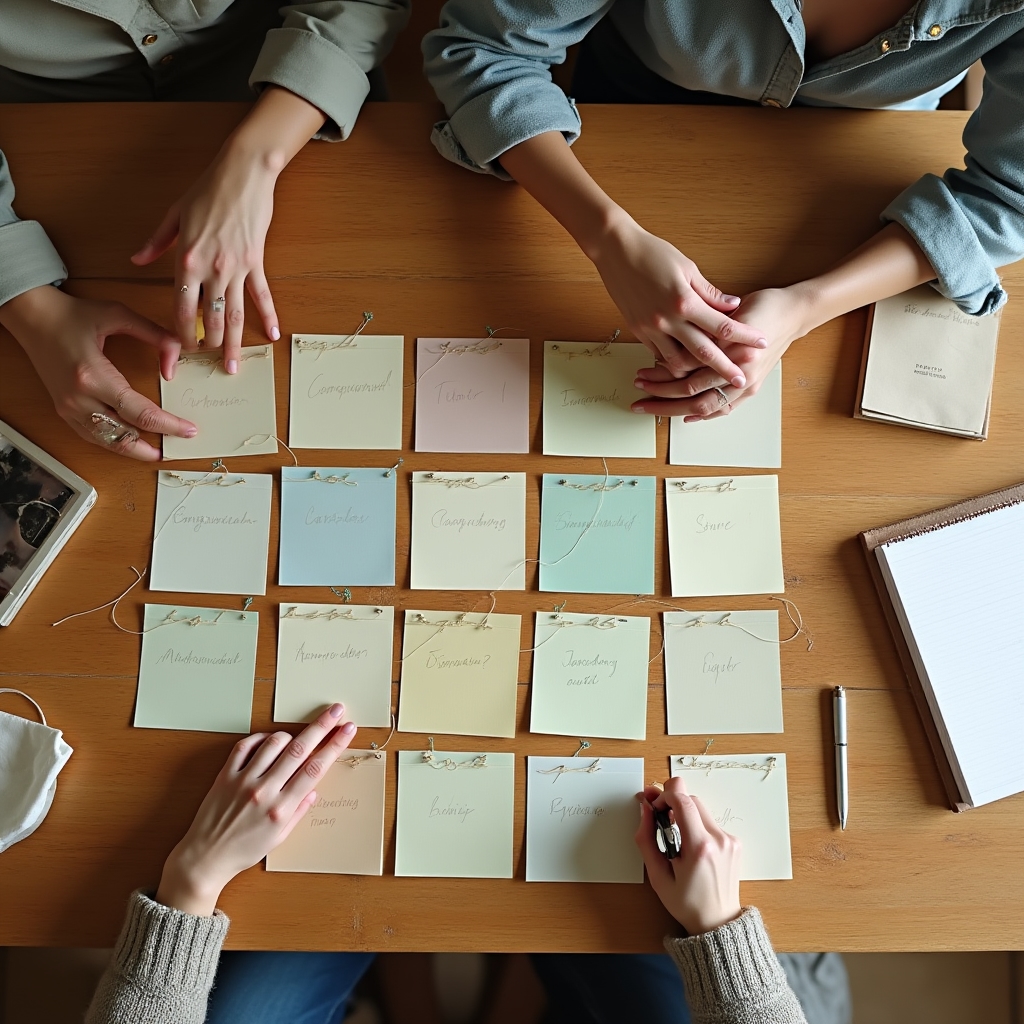 Overhead view of a topic cluster map with sticky notes grouped by subject on a table