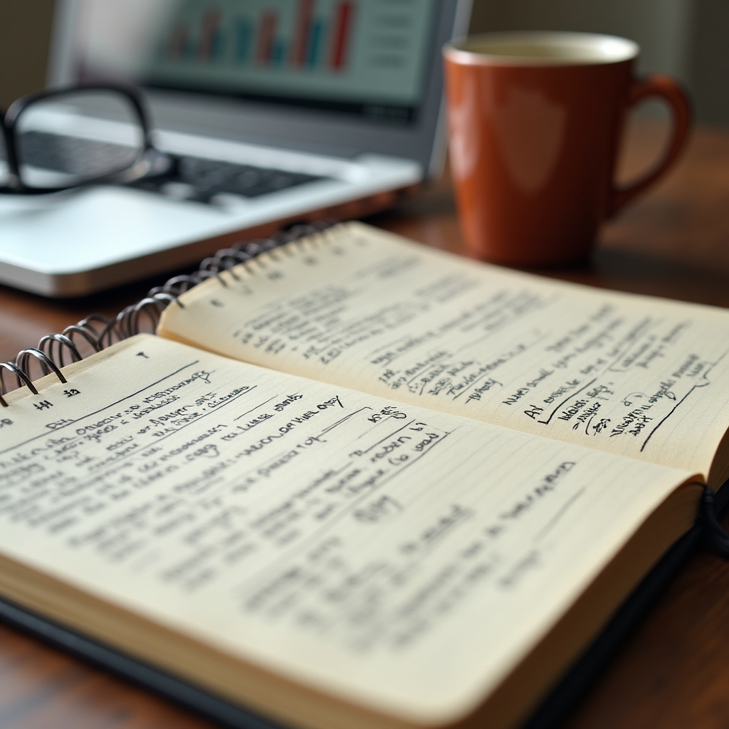 Notebook filled with handwritten audit findings next to a laptop showing a website crawl report